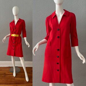 Vintage 70s Red Pure Wool Butte Knit Button Mod Dress Jacket M